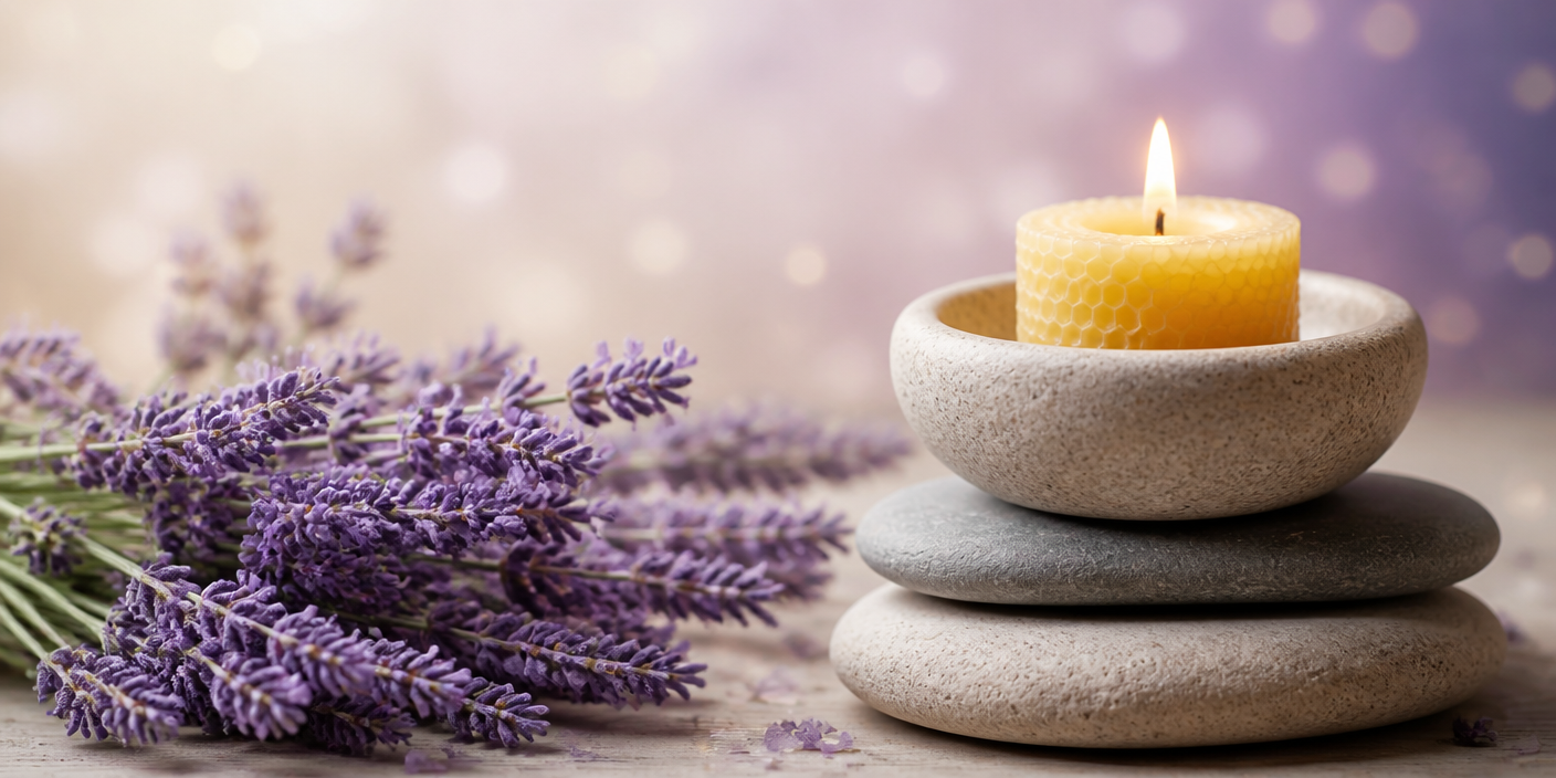 Lavender sprigs and a lit candle on balanced stones